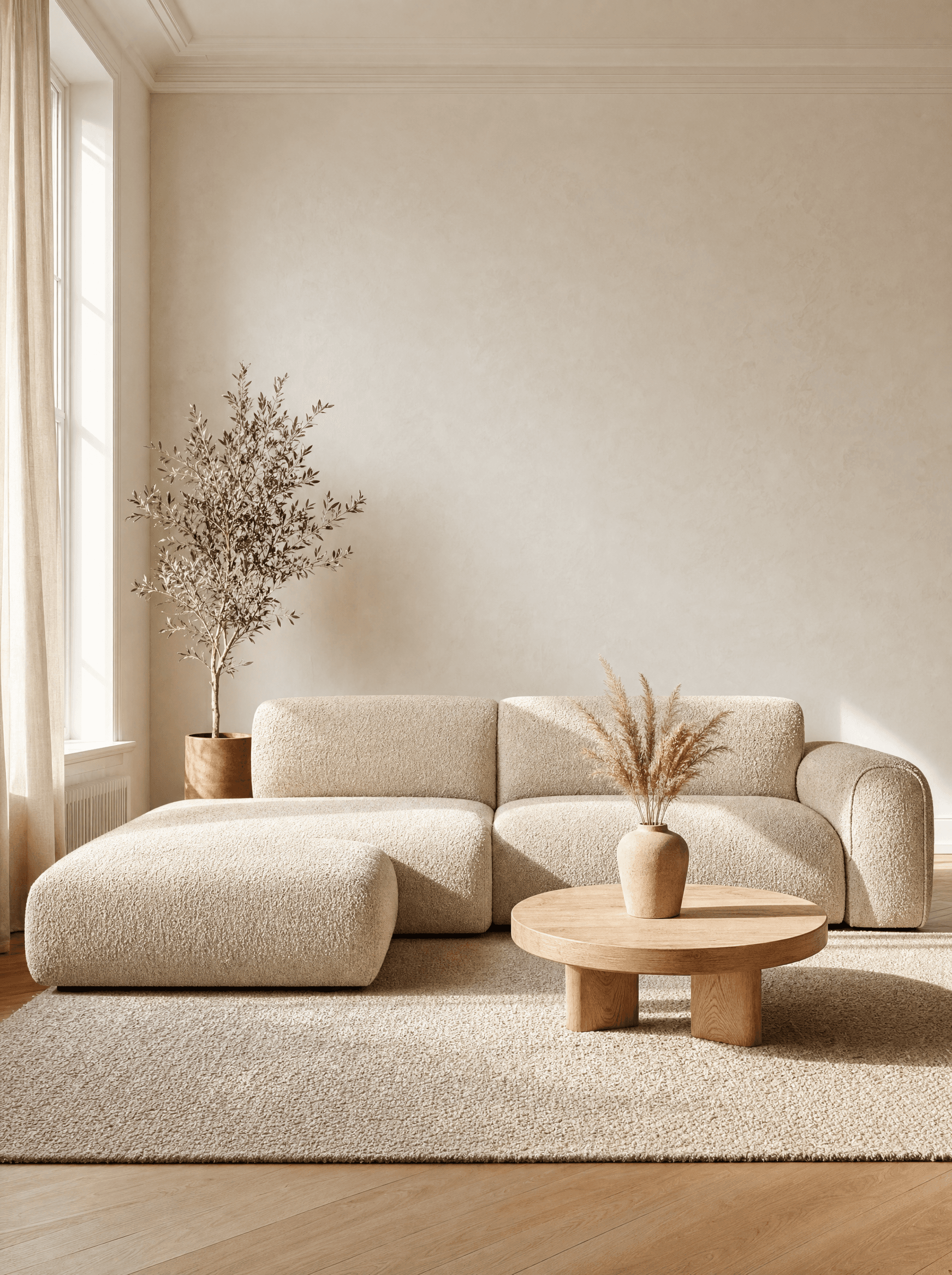 Sofa narożna bouclé w minimalistycznym salonie