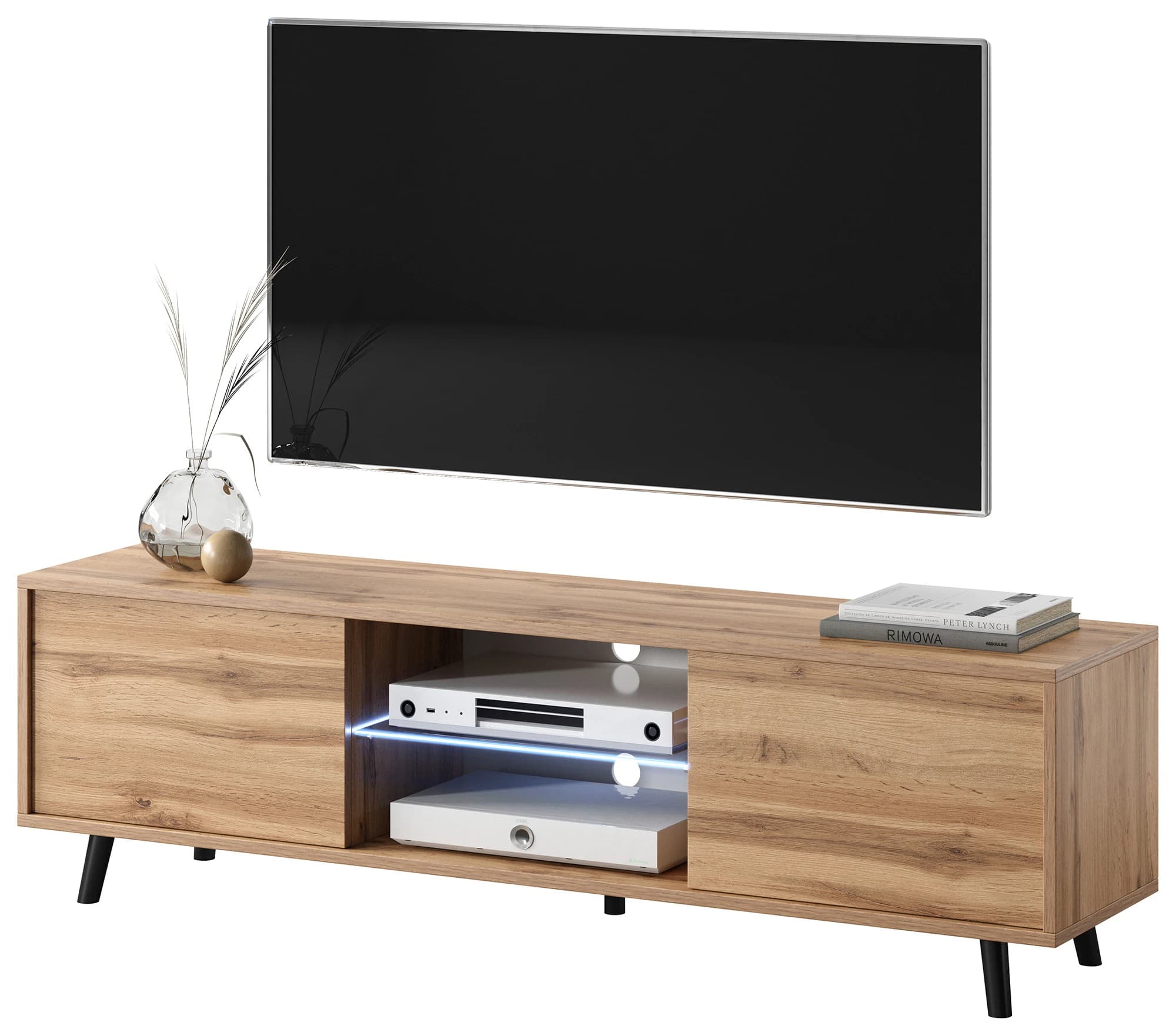 Szafka RTV Luna 1 – 140 cm z Oświetleniem LED | Biała / Czarna / Dąb Artisan